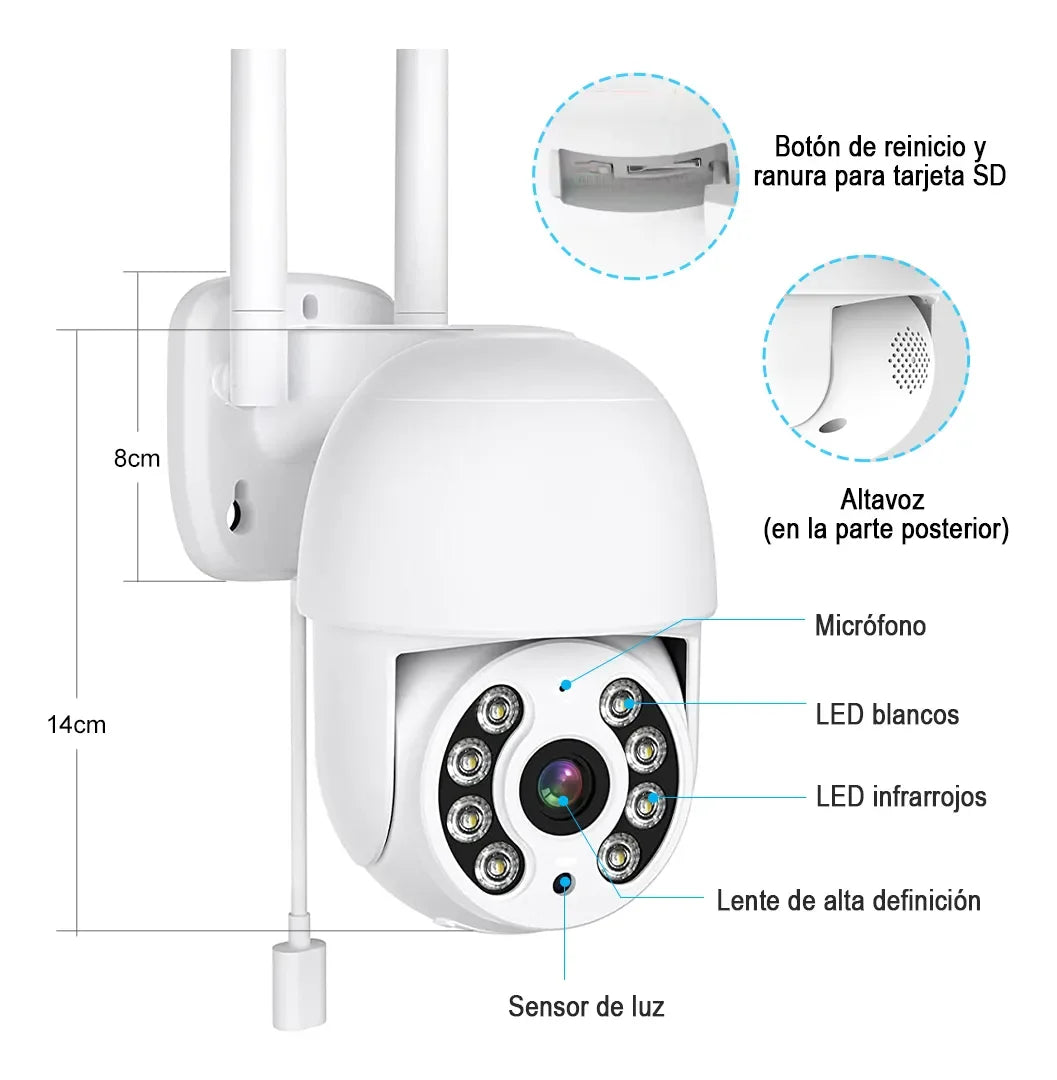 Cámara PTZ IP 3MP Exterior 360° | Wi-Fi, Audio Bidireccional, Visión Nocturna Color, Detección de Movimiento | IP66 - Mijaíl Tienda