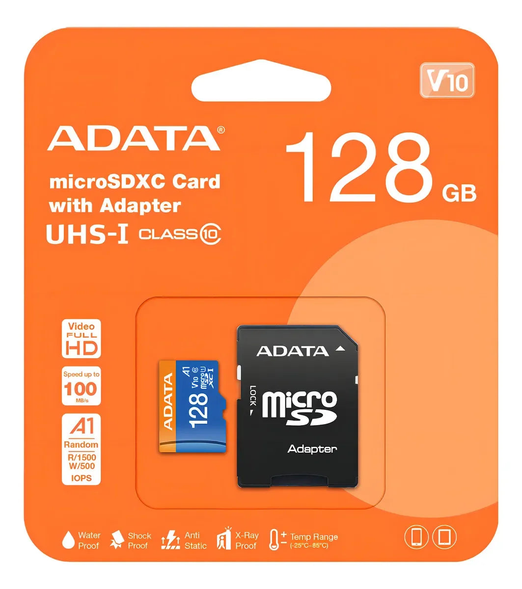 Micro SD 128 GB Adata Premier A1 V10 Clase 10 + Adaptador SD | Hasta 100 MB/s, Full HD, Resistente, Garantía - Mijaíl Tienda