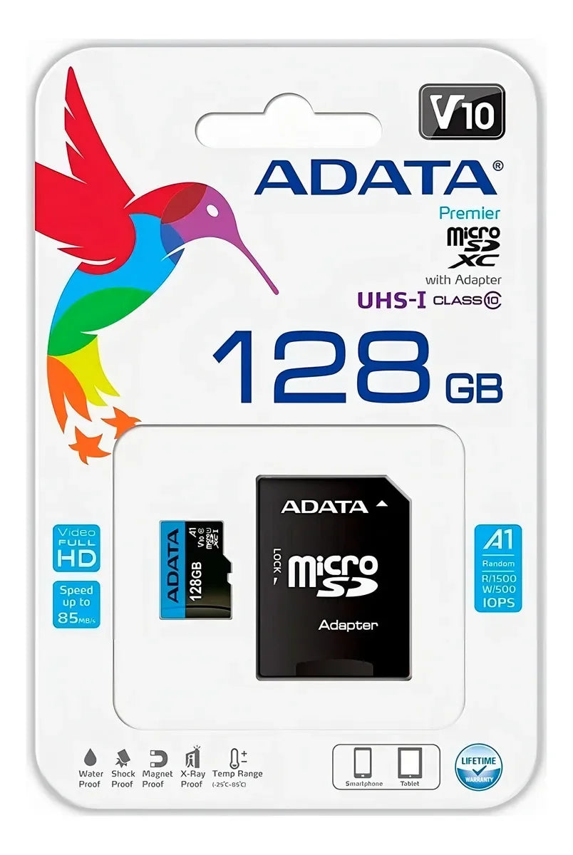 Micro SD 128 GB Adata Premier A1 V10 Clase 10 + Adaptador SD | Hasta 100 MB/s, Full HD, Resistente, Garantía - Mijaíl Tienda