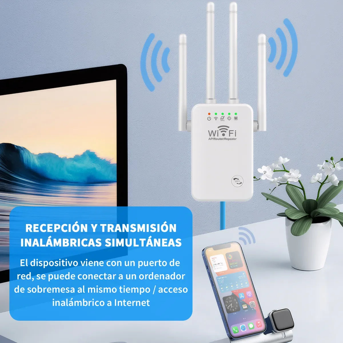 Repetidor Wi-Fi 300 Mbps 2.4 GHz | Extensor de Cobertura, WPS, LAN, 4 Antenas | Amplificador Señal Fácil, Compatible Todos los Modems - Mijaíl Tienda