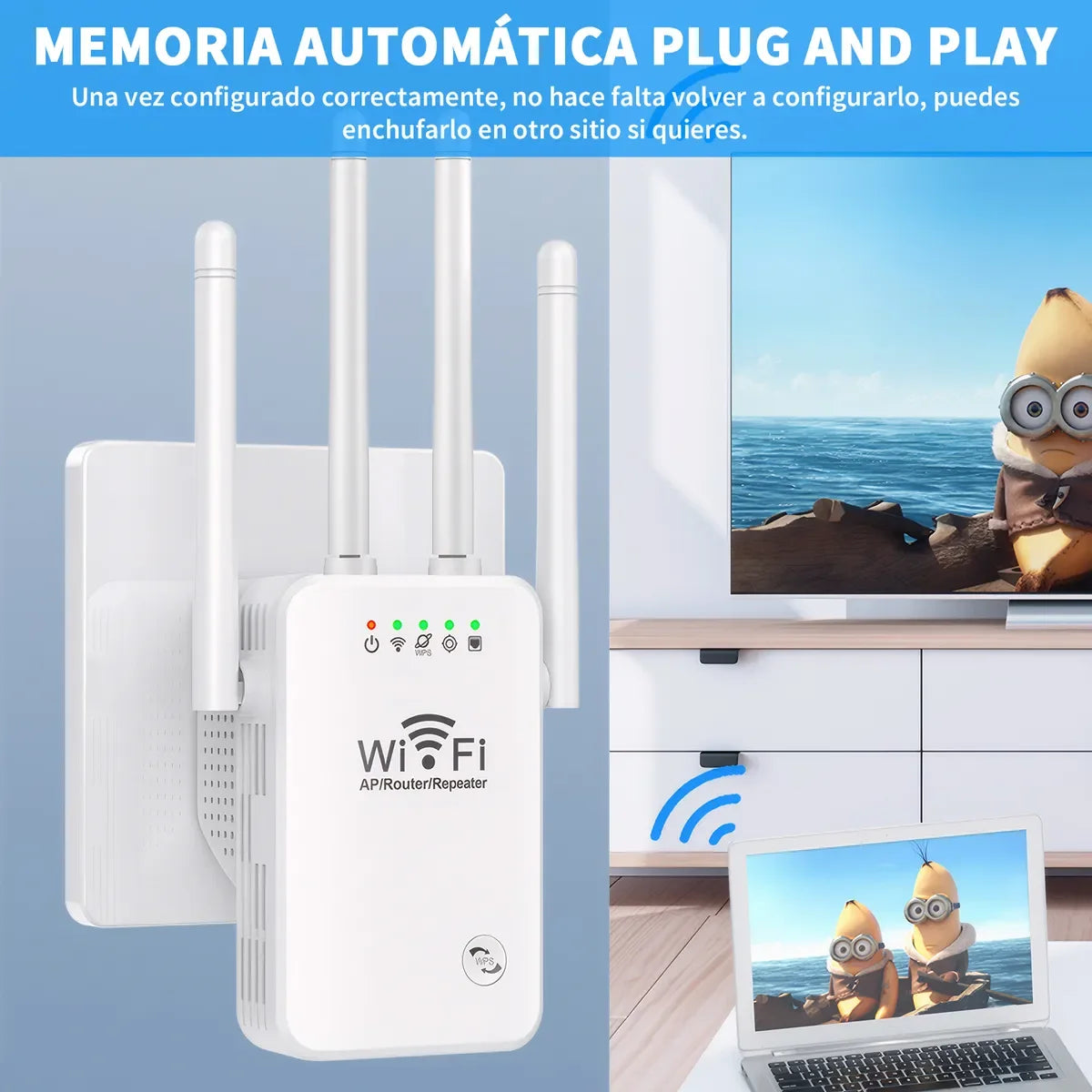 Repetidor Wi-Fi 300 Mbps 2.4 GHz | Extensor de Cobertura, WPS, LAN, 4 Antenas | Amplificador Señal Fácil, Compatible Todos los Modems - Mijaíl Tienda